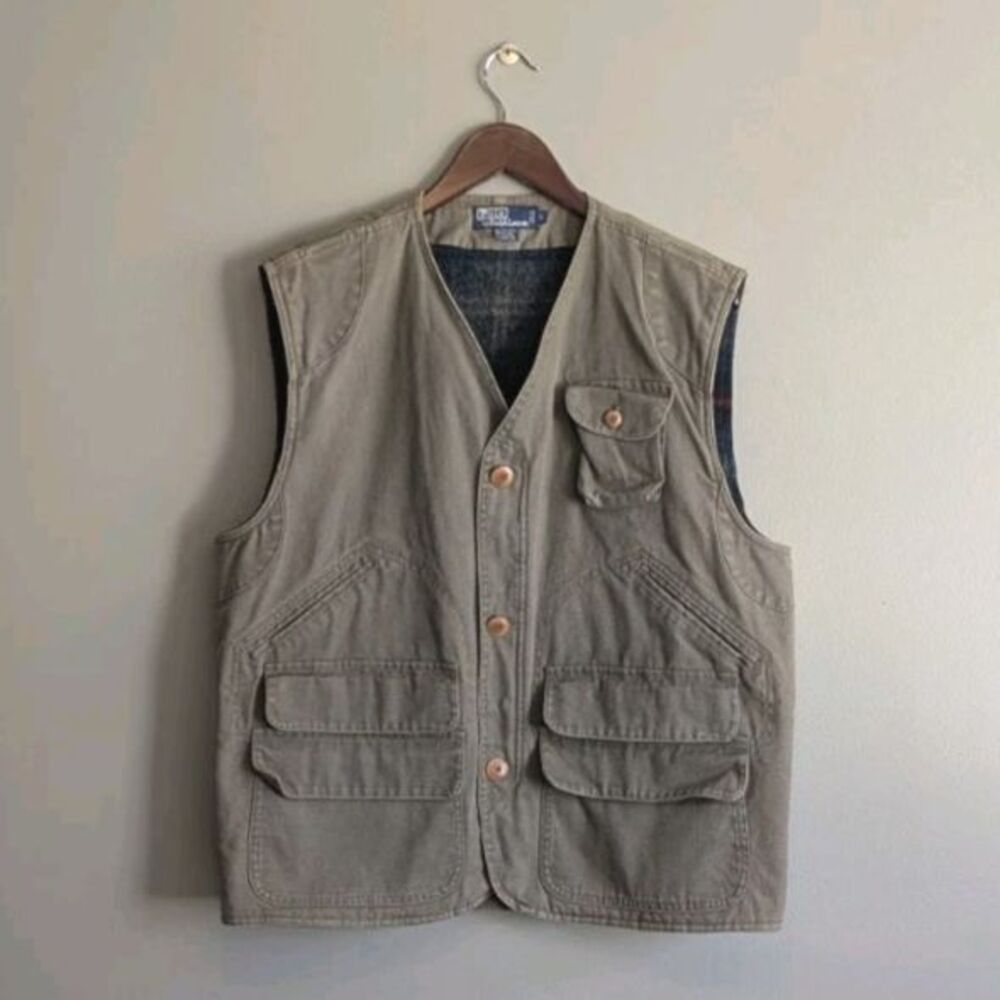 Polo Ralph Lauren Mens Large Hunting Utility Vest Canvas Wool Lined Field Jacket